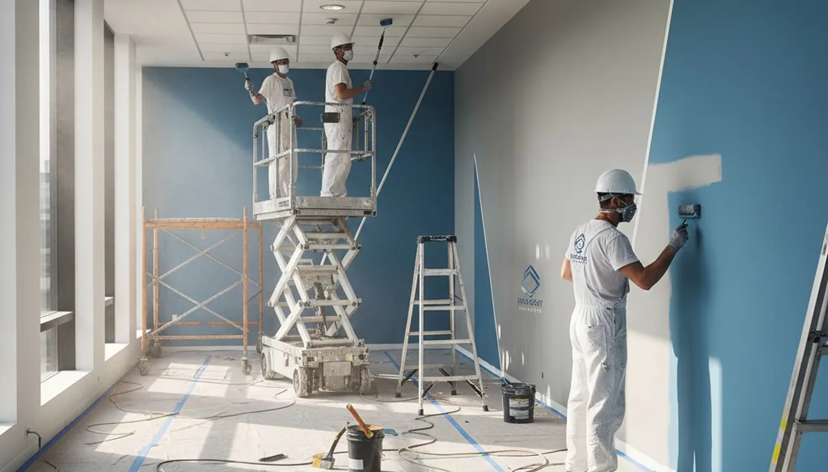 Commercial painting crew coating a Hoboken, NJ business exterior with durable weather-resistant paint