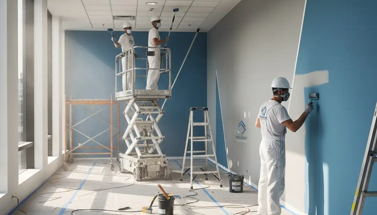 Commercial painting crew coating a Hoboken, NJ business exterior with durable weather-resistant paint